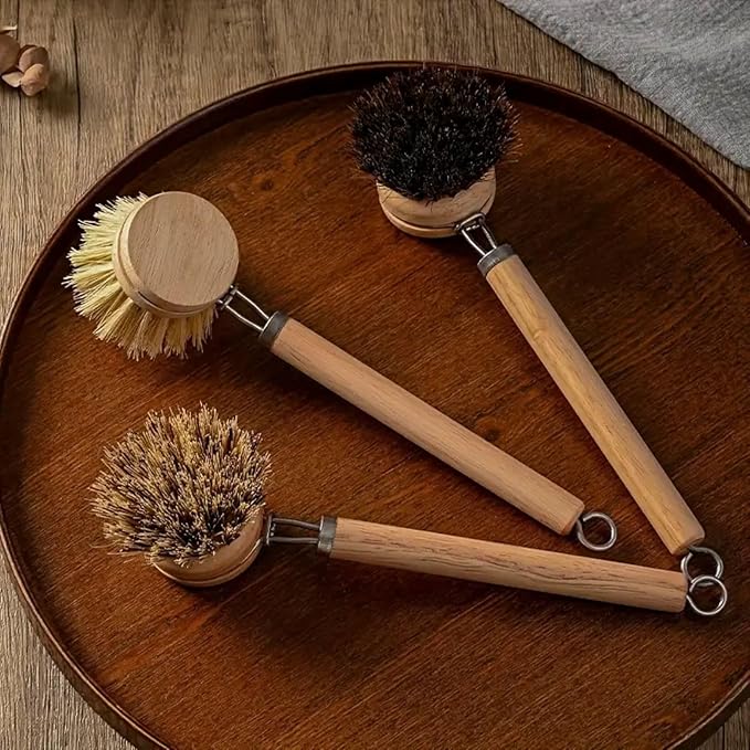 SUPRNN Bamboo Dish Brush with Handle, 1 Sturdy Wooden Handle with 3 Natural Bristle Heads, Horsehair, Sisal, Palm - All Purpose Kitchen Scrubber, Bamboo Wok Brush, Fruit and Veggie Scrubber