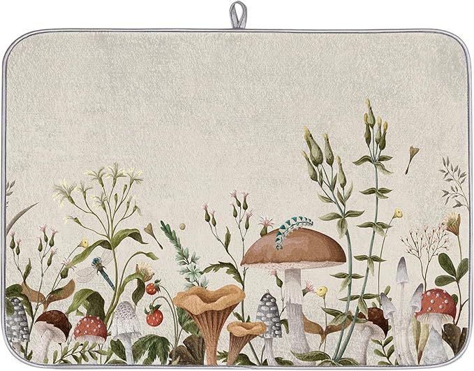 Hexteria Dish Drying Mat for Kitchen Counter Kitchen Drying Mat Dish Rack Mat Dish Drainer Pad Microfiber Absorbent Washable Drying Pad for Countertop, Mushroom