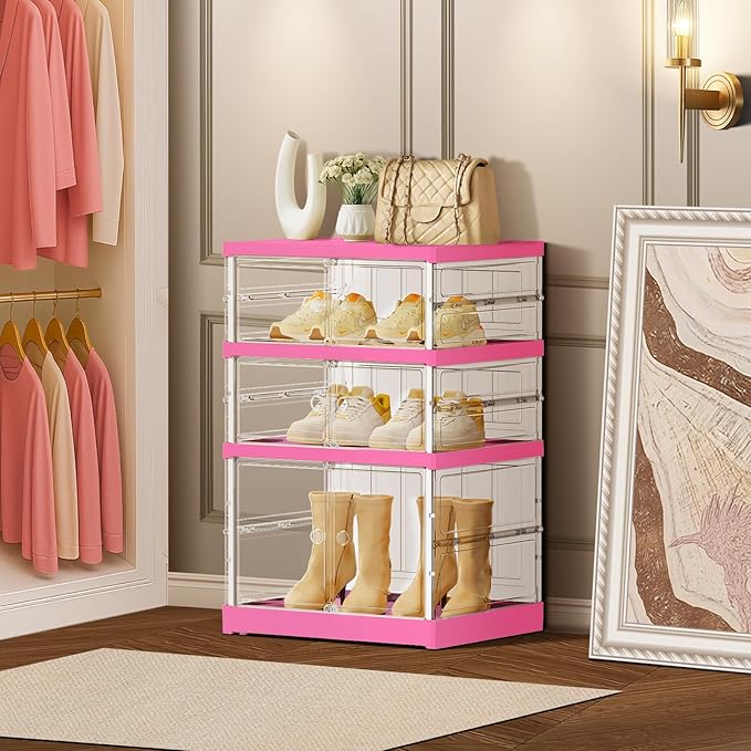 3-Tier Foldable Shoe Rack for Closet Entryway 3-6Pairs, Stackable Clear Shoe Storage Boxes Organizer with Door Plastic Small Shoe Cabinet Bins with Lids Shoes Shelf Easy Assembly（White-Pink）
