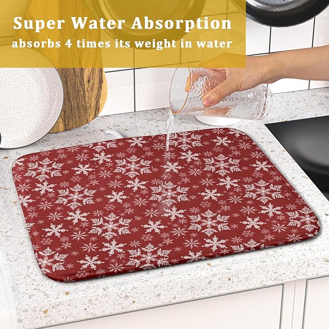 Christmas Dish Drying Mat for Kitchen Counter 18x16 Inch Xmas Snowflake Drying Mat with Absorbent Reversible Microfiber Red Dish Drainer Mats Rack Pad for Coffee Countertop Protector