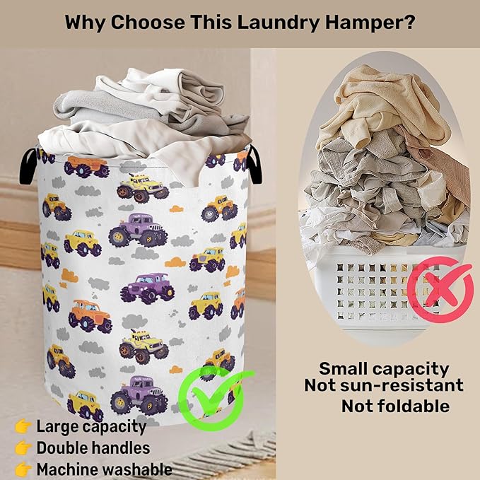 Vehicle Pattern Foldable Canvas Laundry Basket with Handles - Toy Organizer, Heavy Duty for Home，Bedroom, Dorm, Bathroom
