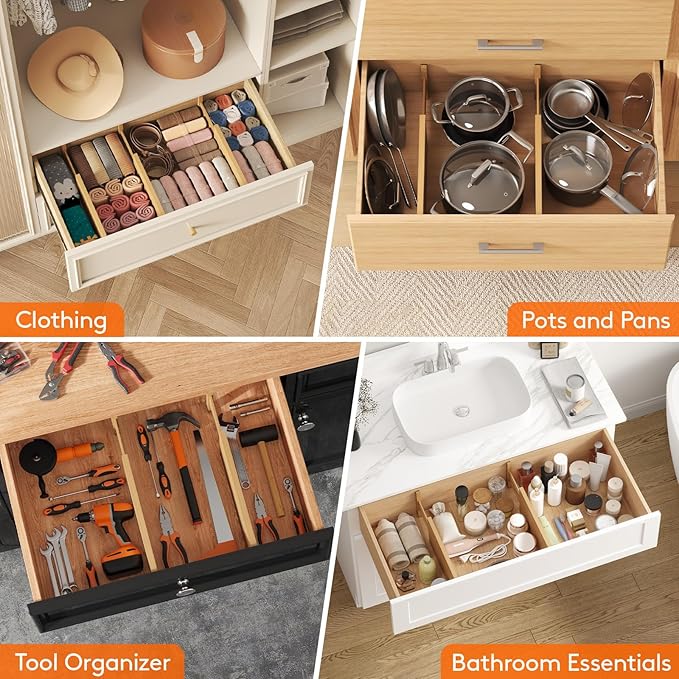 Lifewit 6 Pack 5" Deep Bamboo Drawer Dividers, 13-16.5" Expandable Drawer Organizers for Clothes, Adjustable Dresser Drawer Divider, Clothing Drawer Separators for Dresser, Bedroom, Bathroom, Kitchen