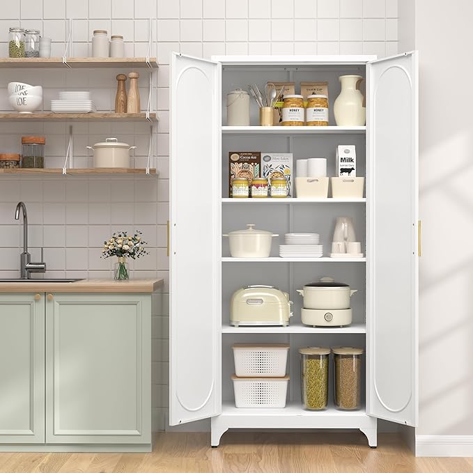 75" Tall Pantry Storage Cabinet, Tall Kitchen Pantry Storage Cabinet with Doors and 4 Adjustable Shelves, Freestanding Cupboard for Kitchen, Dining Room, Living Room, Bathroom, White