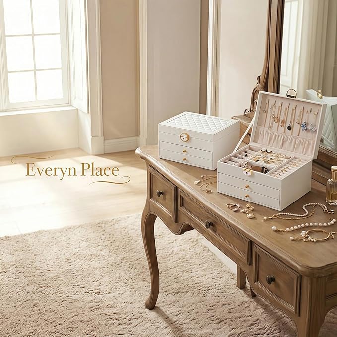 3 Layer Jewelry Box, Jewelry Holder Organizer with Jewelry Organizer Drawer, Large Jewelry Boxes & Organizer with Velvet Earring Organizer, Lockable Jewelry Holder, Unique Gifts for Women Mom (White)