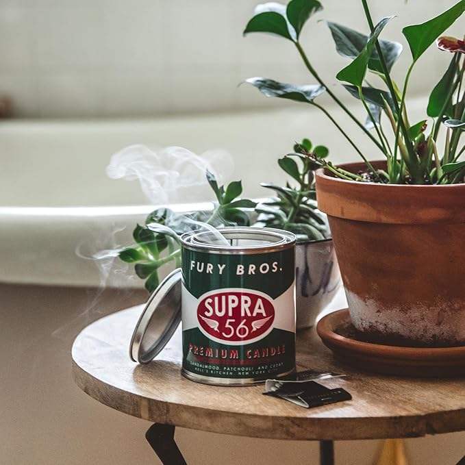 Fury Bros. Scented Candles for Men | Supra 56 | Sandalwood Patchouli Cedar | Natural Soy Wax | Hand-Poured in The USA | Long 70-80 Hour Burn (12.5 oz) | Vintage-Inspired Tin Design | Dad Home Gift