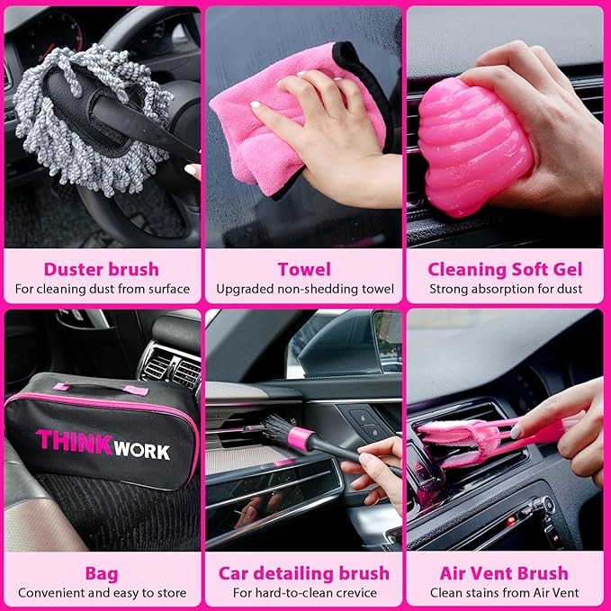 THINKWORK Car Detailing Kit Interior Cleaner, Car Cleaning Kit with 8000PA Cordless Pink Handheld Vacuum Cleaner, Car Interior Detailing Brush Set, Pink Car Accessories, Gift for Women
