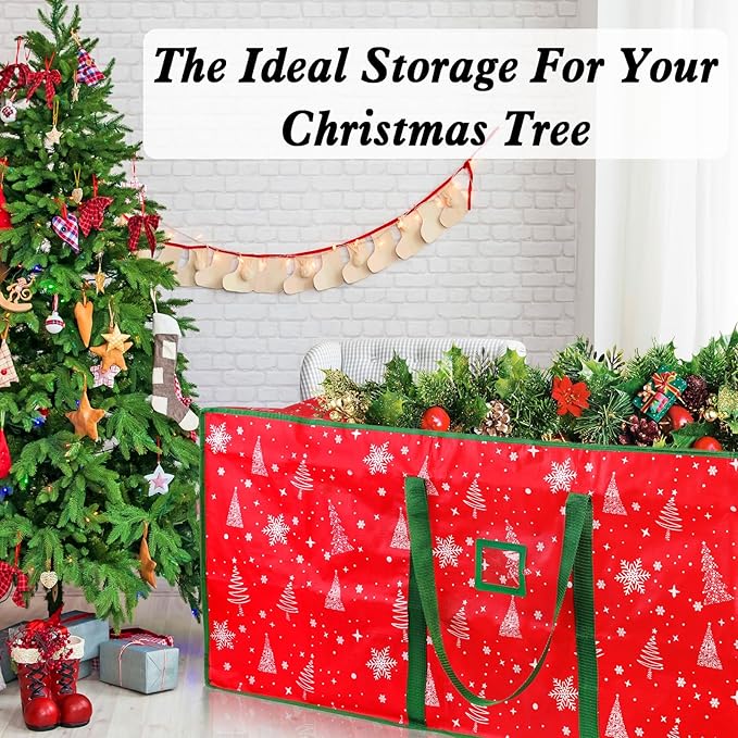 Christmas Tree Storage Bag,Plastic Waterproof Snowflake Christmas Tree Bag Large Storage Box Decoration Container Reinforced Handles Dual Zippers for 7.5ft Artificial Holiday Xmas Disassembled Trees