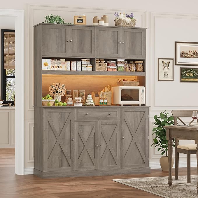HIFIT 72.8” Tall Kitchen Pantry Cabinet with LED & Charging Station, 55” Wide Farmhouse Pantry Storage Cabinet with Microwave Stand&Shelves&Barn Doors, Kitchen Hutch Coffee Bar for Living Room, Grey