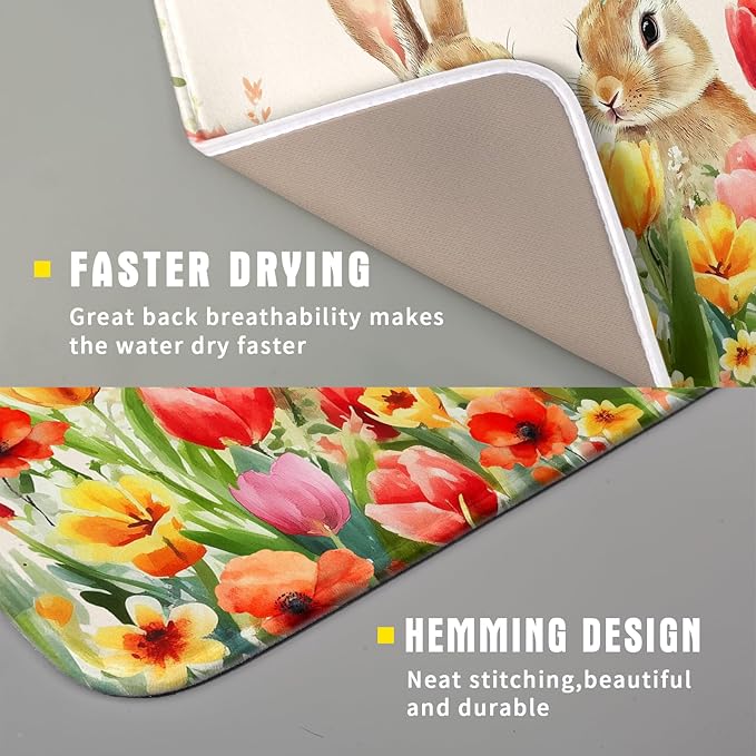 Easter Bunny Dish Drying Mat 16x18 inch Spring Floral Drying Pad Holiday Absorbent Microfiber Dishes Drainer Protector for Kitchen Counter