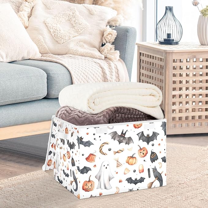 Halloween Baskets Collapsible Storage Bins with Lids, Bats Pumpkins Halloween Storage Boxes Clothes Baskets for Organizing