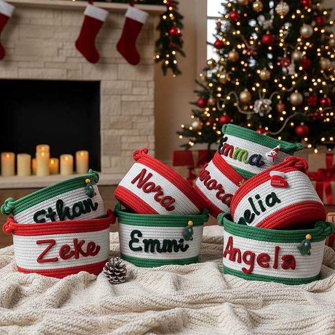 MBBEST Personalized Christmas Basket – Custom Cotton Rope Holiday Gift Basket with Name – Festive Storage Organizer for Presents, Toys, Blankets & Holiday Décor – 3 Sizes