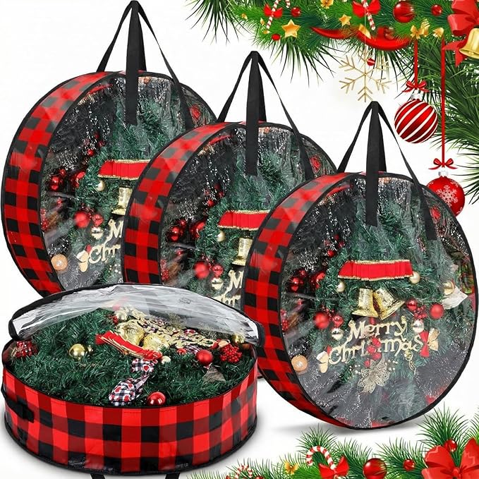 Shappy 4 Pcs Christmas Wreath Storage Bag Wreath Storage Container with Clear Window Plaid Wreath Storage Box with Handles for Storing Garland Holiday Wreath Wrapping(30 Inch,Red Black)