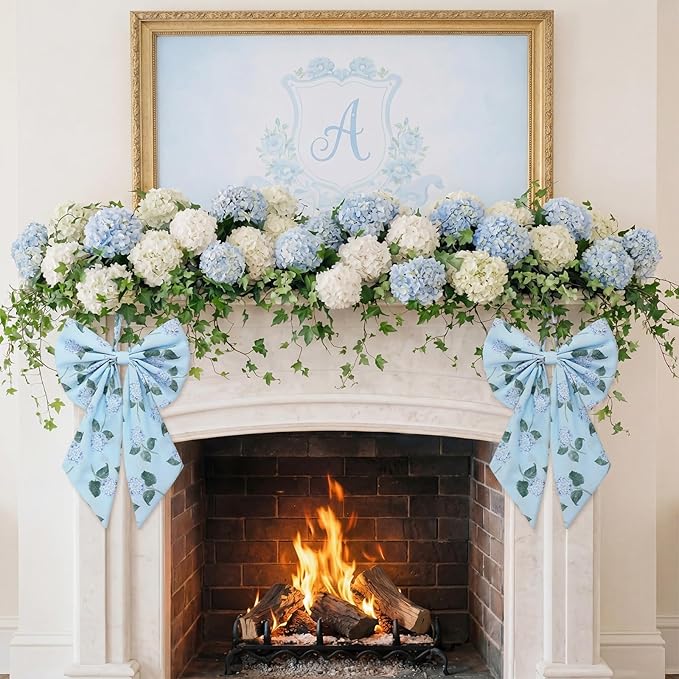 2 Pcs Spring Hydrangeas Wreath Bows 19.6'' x 11.8'' Large Tree Topper Blue Ornament Rustic Burlap Wreath Sash for Front Door Spring Party Yard Doorway Indoor Outdoor Wall Decor