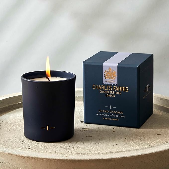 Charles Farris Luxury Scented Candle – 1 Wick, Hand-Poured, Long Lasting, Clean Burning, 210g / 7.5oz, Burns for up to 50 Hours, Made in England – Smokey Cedar, Moss & Amber – Grand Cascade