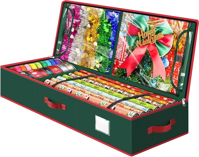 BlessedSeason Wrapping Paper Storage Organizer for 40 Inch Christmas Gifts Wrapping Paper, 2 Visible Supplies Pockets for Holiday Accessories, Christmas Decoration Storage Containers, Green