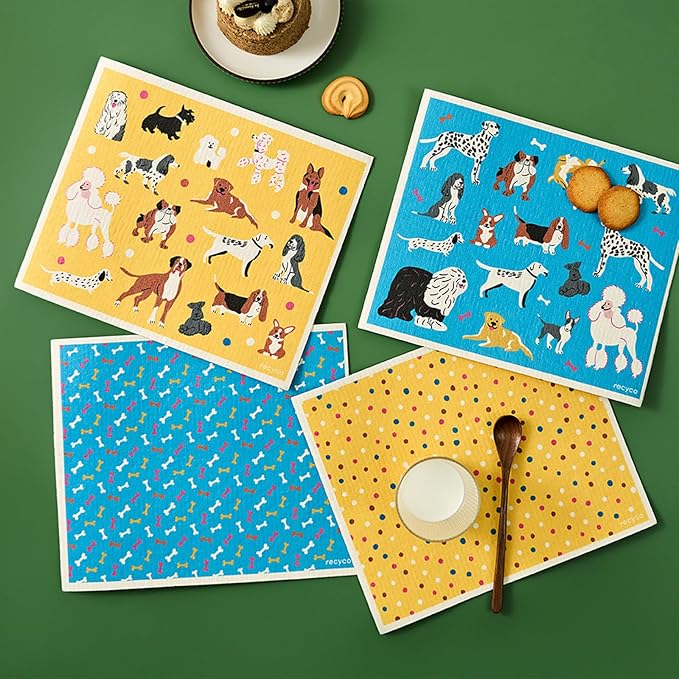 RECYCO Swedish Dishcloths for Kitchen | 4 Pack Oversized Washable Dish Rags | Large Cellulose Reusable Cleaning Paper Towels | Absorbent Counter Dish Cloth Sponge XL Kitchen Wipes, 12" L x 10" W