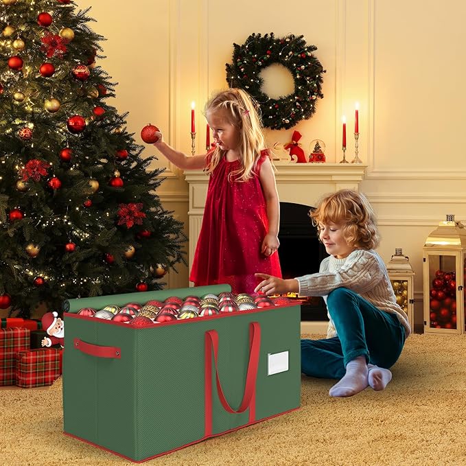 Christmas Ornament Storage Box with 8 Trays, Christmas Storage Container for 128-3'' Holiday Ornament Decorations, Large Xmas Organizer with Adjustable Dividers, Dual Zipper and Pocket (Green)