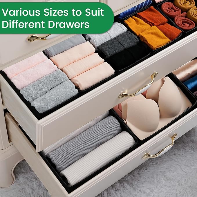 Criusia Drawer Organizer Clothes, 24 Pack Underwear Drawer Organizers, Foldable Closet Organizers and Storage Dresser Drawer Dividers Clothing Organizer for Clothes, Socks, Scarves, Bra, Ties (Black)