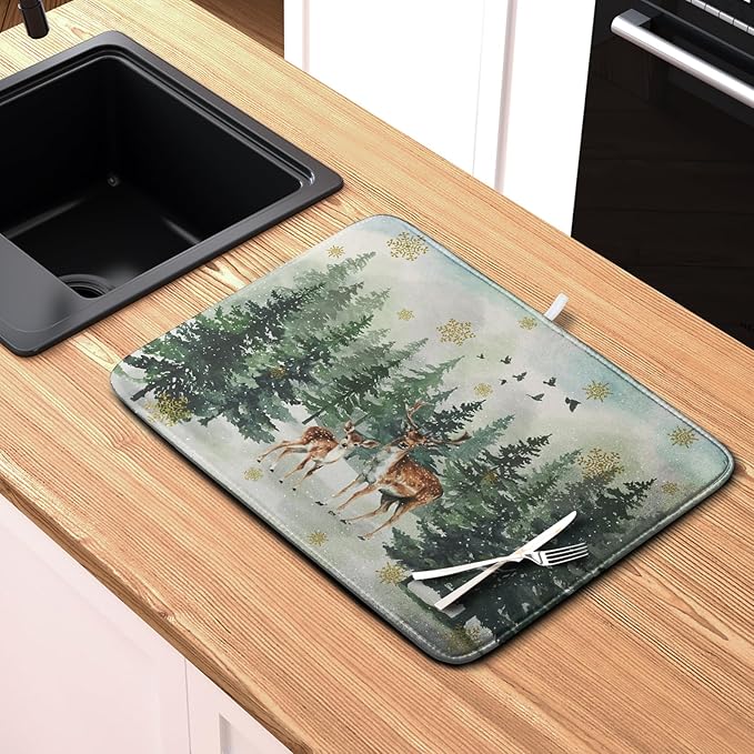 Kwlegh Reindeer Tree Snowflakes Christmas Dish Drying Mats for Kitchen Counter 16x18 Inch Winter Forest Dish Drainer Mats Absorbent Reversible Dish Draining Microfiber Dishes Drying Pad