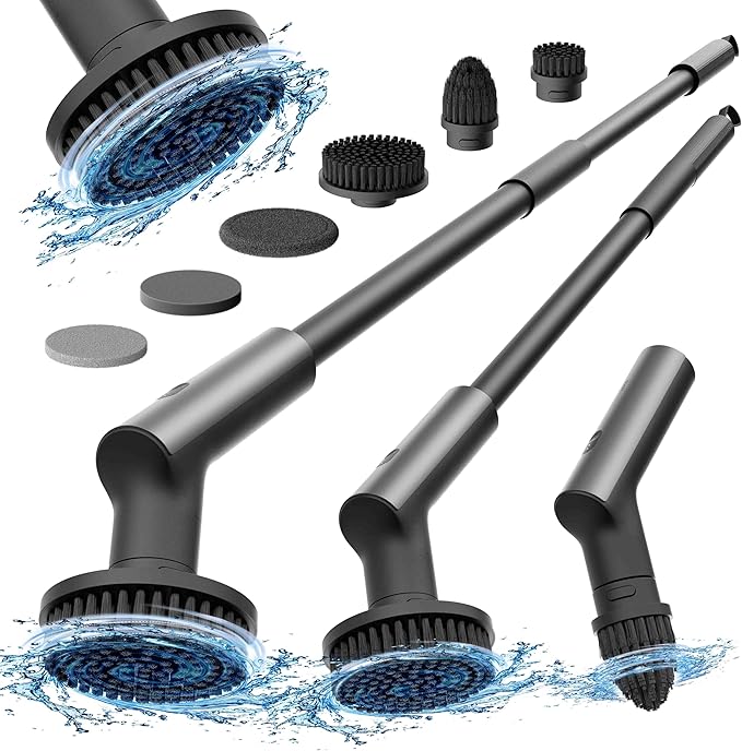 HOTO Cordless Electric Spin Scrubber, IPX7 Full Body Waterproof Bathroom Cleaning Brush, Max 22 in-lb, Shower Scrubber Brush with Long Handle, 6 Brush Heads, Power Scrubber for Bathroom, Floor, Tile