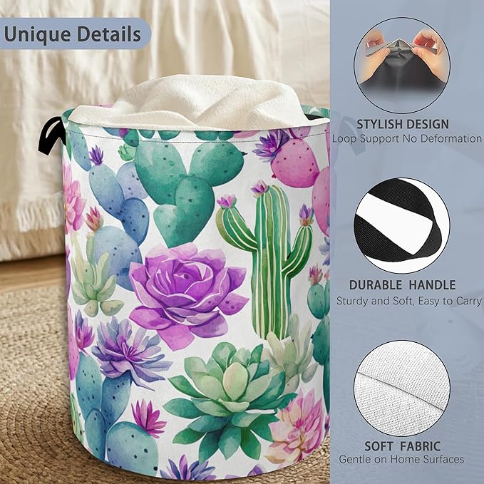 Cactus Succulents Laundry Basket,Foldable Oxford Cloth Tote Bag Laundry Hamper Clothes Storage Bucket Organizer for Bedroom Laundry Storage Dormitories 16" x 20.8"