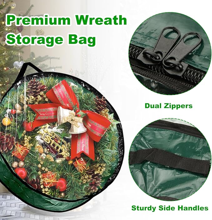 6 Pack Wreath Storage Container Bag, 24x8 Inch Christmas Wreath Storage Container Heavy Duty Christmas Wreath Boxes with Clear Window for Xmas Holiday Seasonal Wreath Garland (Green)