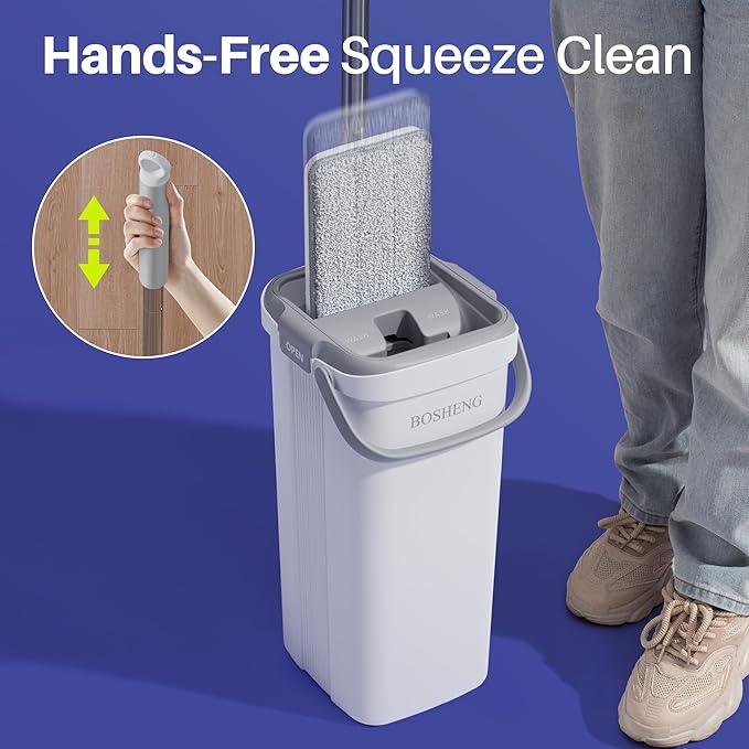 BOSHENG Mop and Bucket Set, Flat Mops for Floor Cleaning, Wall Mop with 60" Extensible Handle, Hardwood Floor Mop with 2 Microfiber Pads