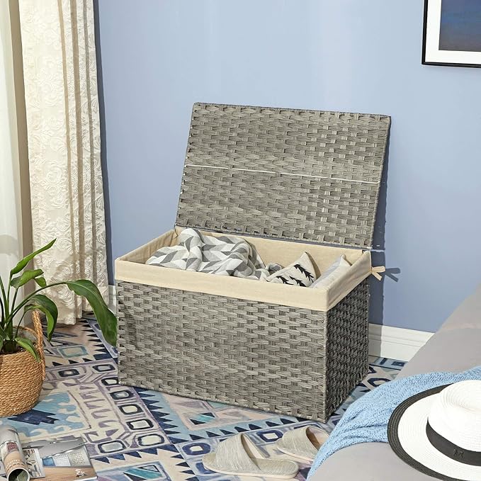 SONGMICS Storage Basket with Lid, Woven Blanket Storage Bin with Handles, Foldable, Removable Liner, Metal Frame, for Bedroom, Laundry Room, 42.3 Gallons (160 L), Gray URST76WG