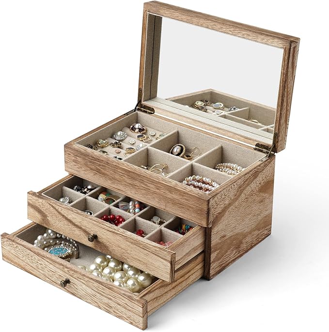 Meangood Jewelry Box Organizer for Women, 3 Layer Large Jewelry Storage Case, Rustic Wooden Jewelry Box with Mirror & Ring Tray for Necklace Earring Bracelets Rings, Vintage Style (Carbonized Black)