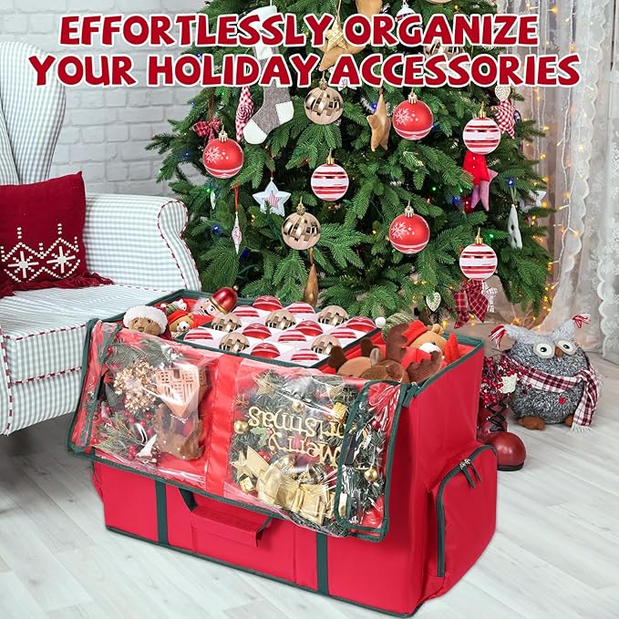 2-in-1 Christmas Ornament Storage Box & Xmas Figurine Container with Dual Zipper Closure Adjustable Dividers and Removable Trays Premium Christmas Ornament Storage Container, Red