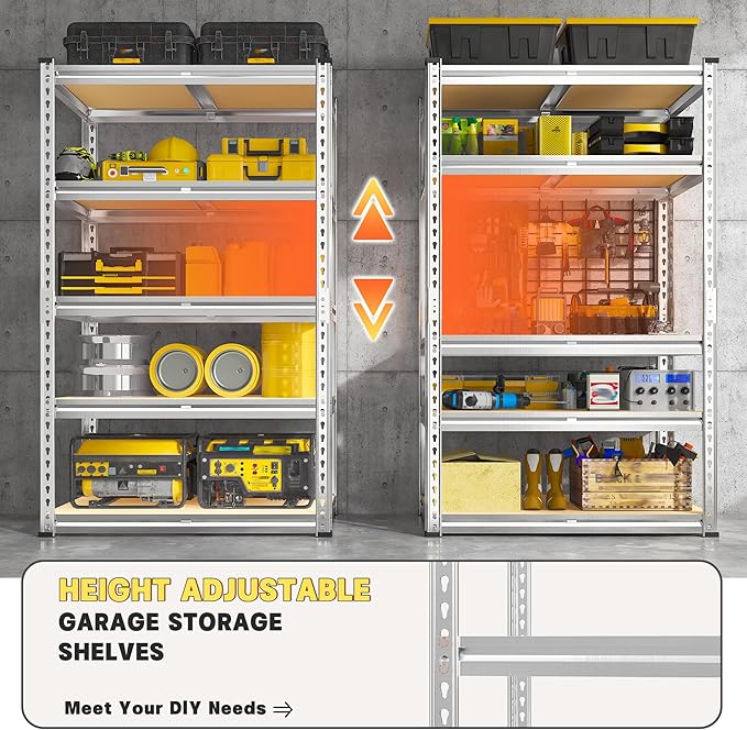 REIBII 2000LBS Storage Shelves 5 Tier Garage Shelving Heavy Duty Metal Shelving Adjustable Garage Shelves for Pantry Closet Kitchen Basement 28" W x 13.8" D x 59.8" H, Silver