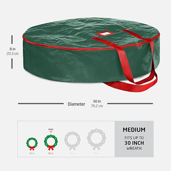 ZOBER Christmas Wreath Storage Container 30 Inch - Wreath Bag for Artificial Wreaths Box - Dual Zippered Wreaths Storage Bag with Strong Durable Handles - Green