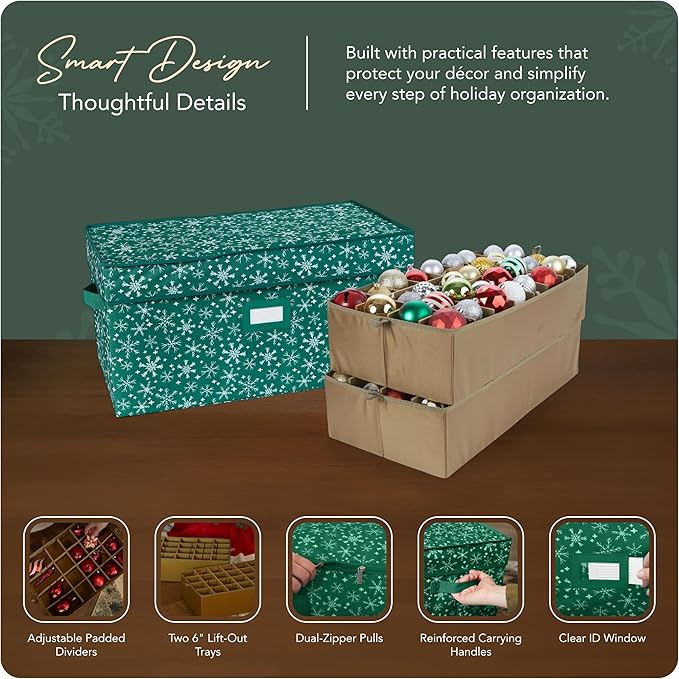 Covermates Keepsakes Adjustable Ornament Storage Box – Heavy-Duty Polyester, Padded Dividers & FlexGrid Trays – Protective Holiday Organizer with Stackable Walls & Label Window, Green Snowflake