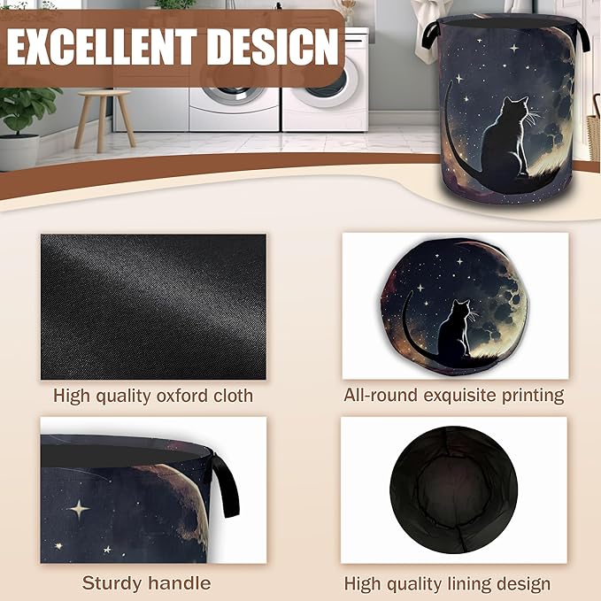 Black Cat Laundry Hamper,Moon Night Collapsible Laundry Baskets Waterproof Oxford Cloth With Handles,Clothes Storage Bucket Toy Organizer For Bathroom/Nursery/Bedroom 16" x 20.8"
