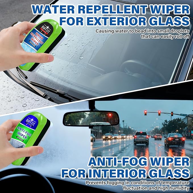 BUFFZIT Car Water Repellent & Anti-Fog for Windshield – Quick & Easy Defogging Interior/Exterior Glass Cleaning Bundle, Long-Lasting Hydrophobic Coating for Clear Vision in Rain & Fog – Pack of 2