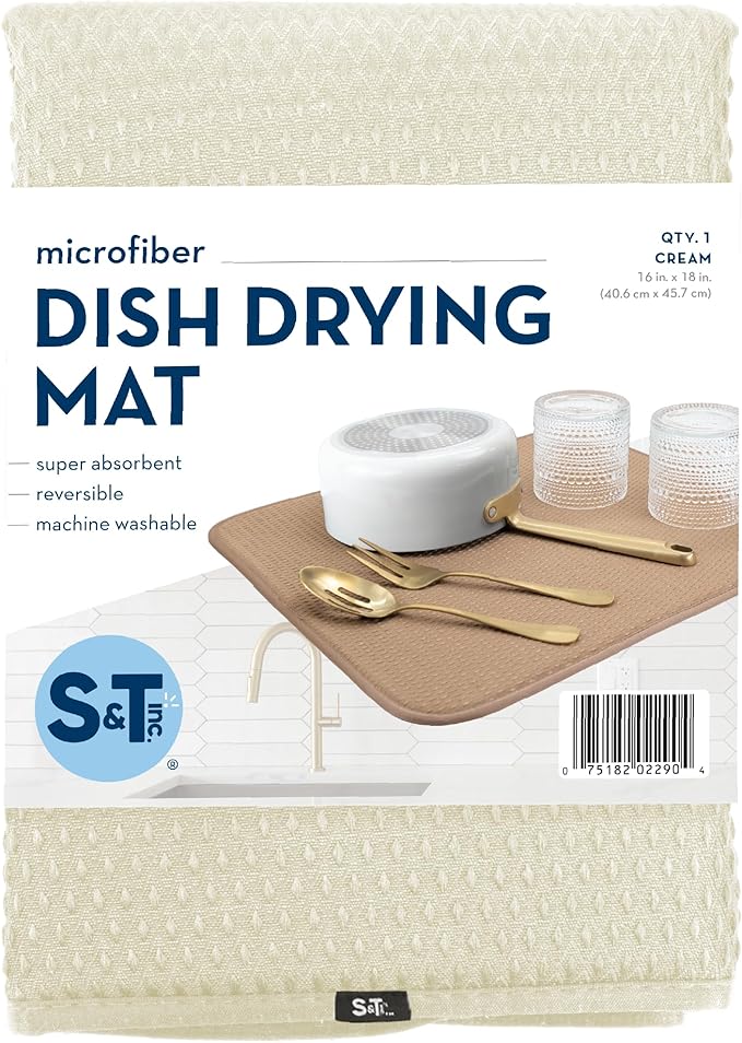 S&T INC. Dish Drying Mat, 16” x 18”, Absorbent Microfiber Kitchen Counter Mat, Drying Pad for Dishes, Utensils, Pots and Pans, Large, Diamond Texture, Cream