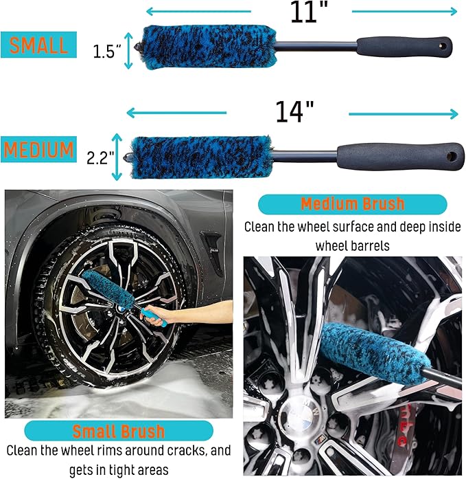 oesee 7PCS Car Wheel Rims Detail Cleaning PRO Wash Kit, Wheel Wash Mitt, Tire Brush, 2PCS Soft Woolies Wheels Brush, Detailing Brush, and Tire Dressing Pads, Microfiber Dry Towel Scratch-Free Cleaning