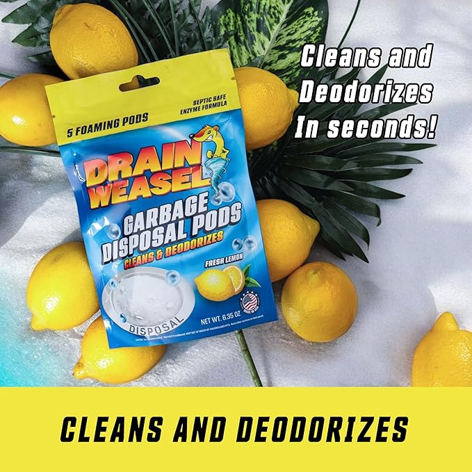 Drain Weasel Garbage Disposal Pods Cleaner and Deodorizer, Sink Odor Eliminator with Foaming Action, Septic-Safe Enzyme Formula, Fresh Lemon Scent, Pack of 5