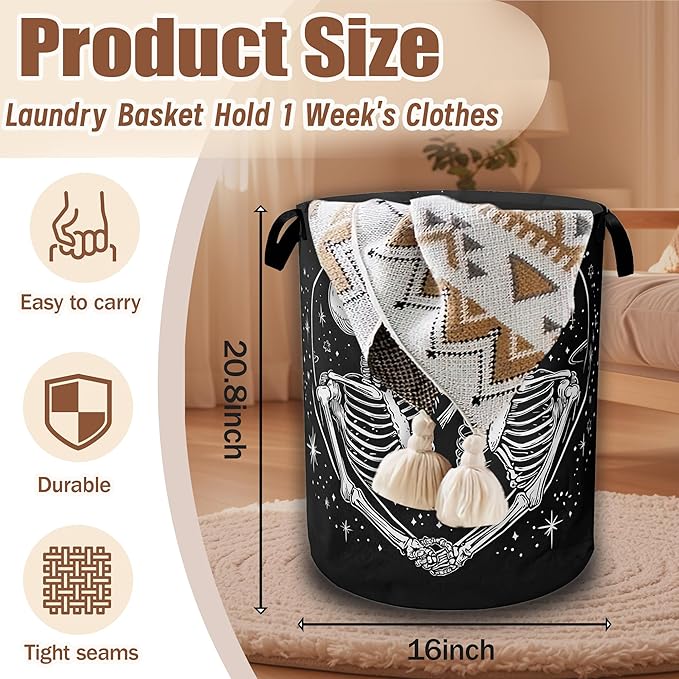 Halloween Funny Skeleton Laundry Basket,Waterproof Foldable Cute Skull Heart Laundry Hamper,Dirty Clothes Basket, Linen Bin Storage Organizer Collection 16" x 20.8"