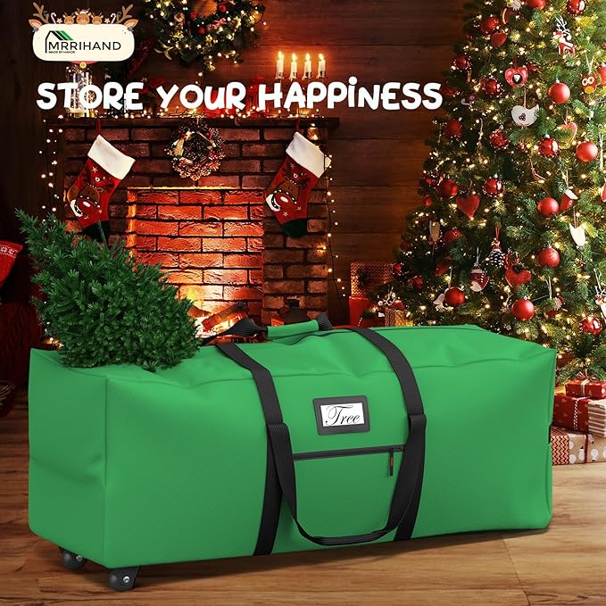 Mrrihand Christmas Tree Storage Bag, Large Artificial Anti-Tear Heavy-Duty 600D Oxford Cloth Xmax Christmas Tree Storage Box with Rolling Wheels, Christmas Tree Storage Container (Bright Green, 9Ft)