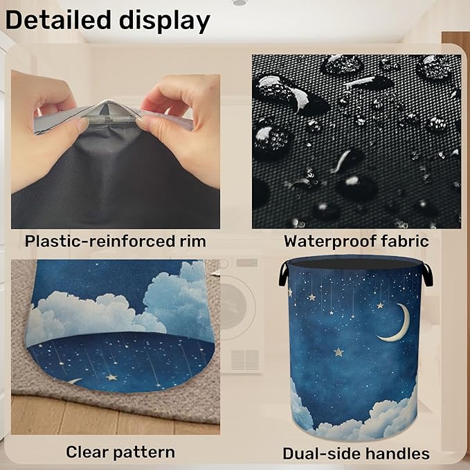 Starry Stars Moon Laundry Basket - Foldable Canvas Laundry Hamper with Handles, Heavy Duty Clothes Storage Basket for Home/Bedroom/Dorm