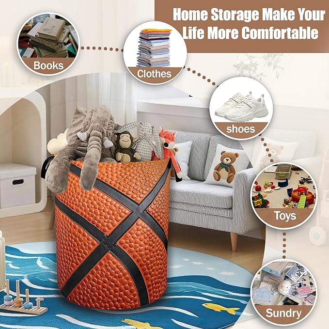 Laundry Hamper,Basketball Laundry Baskets,Waterproof Oxford Cloth Toy Storage for Bedroom,Bathroom,Nursery,16x20.8 Inch