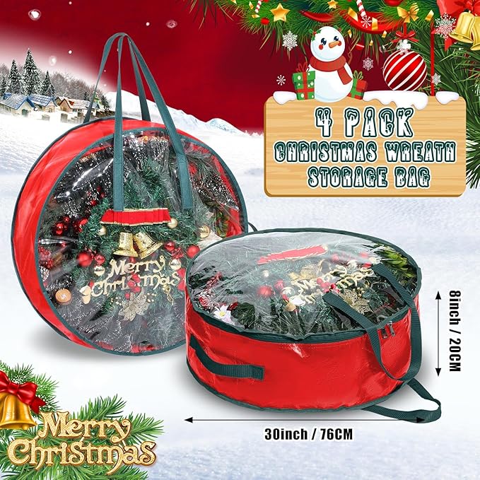 Shappy 4 Pcs Christmas Wreath Storage Bag Plastic Storage Containers for Wreaths Container Christmas Decorative Xmas Plastic Bag Holder Handles Dual Zipper Holiday Wrapping (30 x 7 Inch)