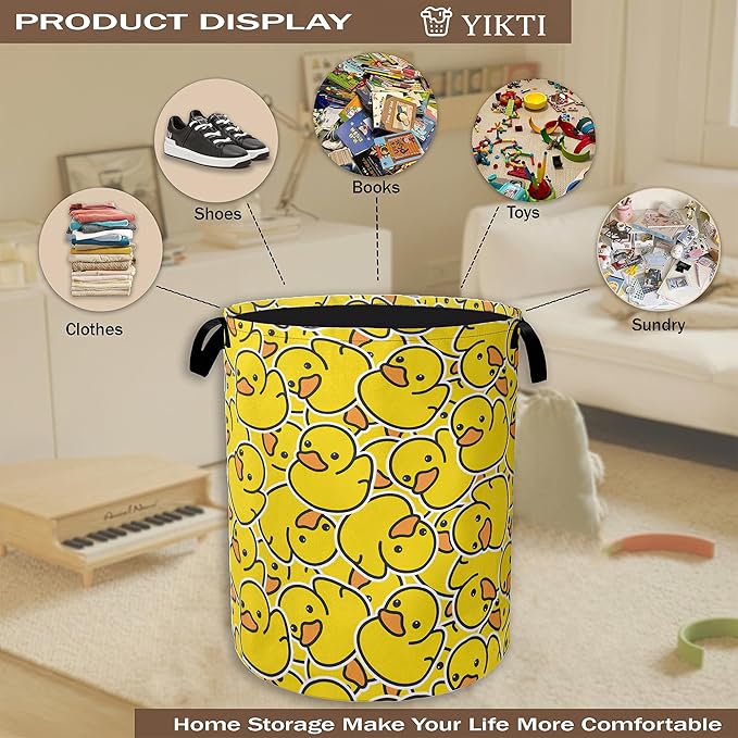 Collapsible Laundry Basket,Yellow Ducks Dirty Clothes Hamper,Cute Cartoon Animal Hampers for Bedroom Waterproof Oxford Cloth Storage Organizer for Bathroom,Nursery,Dorm,16x20 Inch