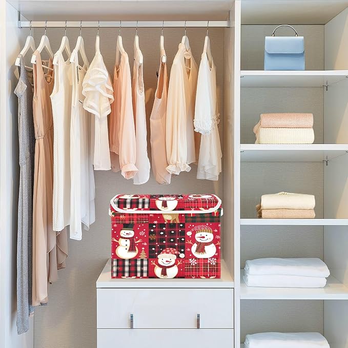 senya Christmas Baskets Collapsible Storage Bins with Lids, Red Christmas Plaid Snowman Storage Boxes Clothes Baskets for Organizing