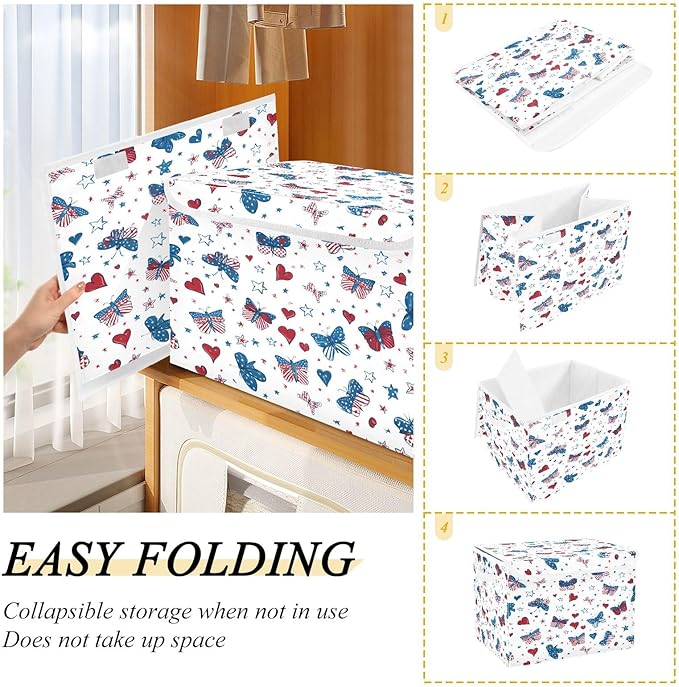 Bolaz Storage Bins with Lids and Handles,Butterfly Flag Stars Pattern Storage Box Basket with Cover Collapsible Organizer Containers for Home Closet, Shelves