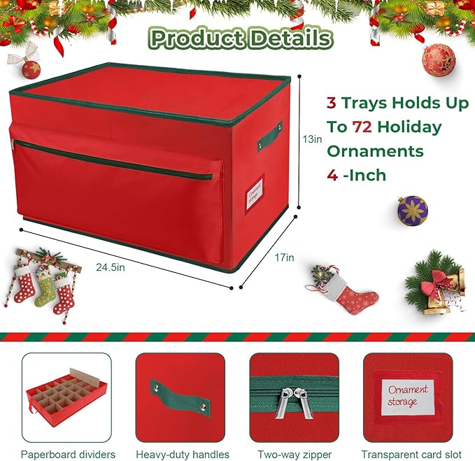 WDZREE Large Christmas Ornament Storage Box, Stores Up to 72-4" Ornaments Balls, 3 Individual Trays with Adjustable, Christmas Container Perfect for Holiday Decorations, 600D Oxford Fabric Tear-Proof