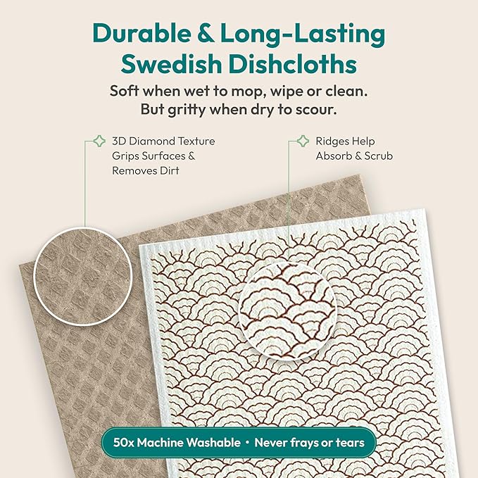 FEBU Swedish Dishcloths for Kitchen | 5 Pack Botanique Reusable Paper Towels Washable | Swedish Dish Towels | Non-Scratch Cellulose Sponge Cloths | No Odor, Biodegradable Cleaning Cloths