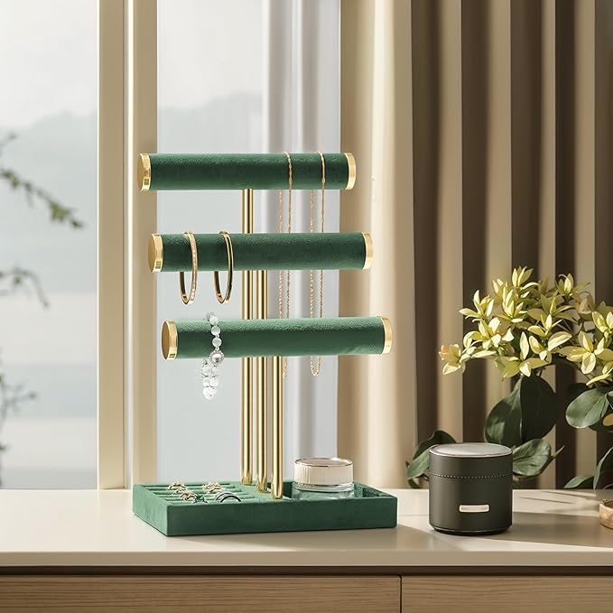 bussdis 3 Tier Bracelet Holder Display - Detachable T Bar Dark Green Velvet Bracelet Holder, Jewelry Holder Organizer for Bracelet, Necklace, Watches, Rings