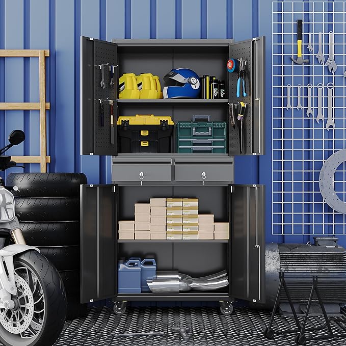 Metal Garage Storage Cabinet with 2 Drawers and 2 Adjustable Shelves, Rolling Tool Storage Cabinet with Wheels and Locking Doors for Garage, Warehouse, Black, Assembly Required